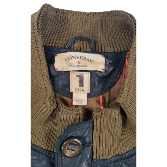 John Varvatos X Converse Leather Bomber Jacket Dark Green/Blue Womens S VTG Y2K - Picture 3 of 12